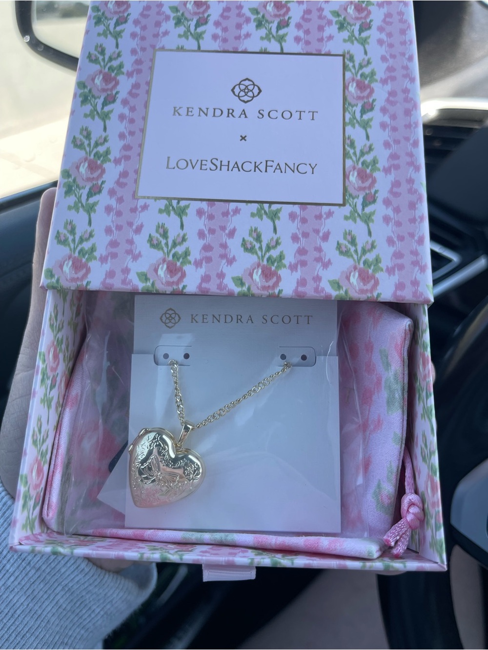 Kendra Scott Gold Heart Locket Necklace with Pink Floral Box
